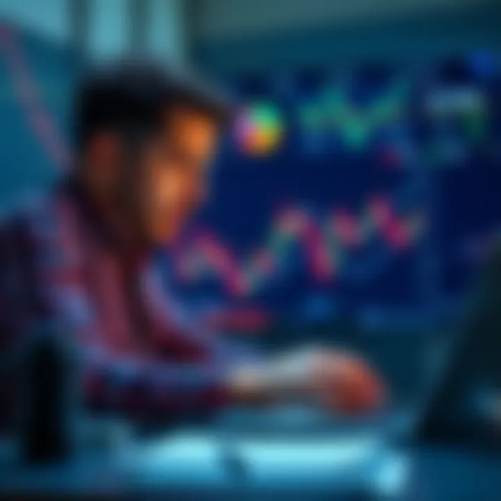 Person analyzing cryptocurrency charts with a laptop, looking concerned about leverage trading, surrounded by charts and graphs