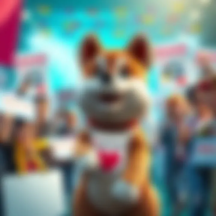 A cute dog mascot representing BabyDoge at a charity event for stray dogs, surrounded by happy supporters holding donation signs.