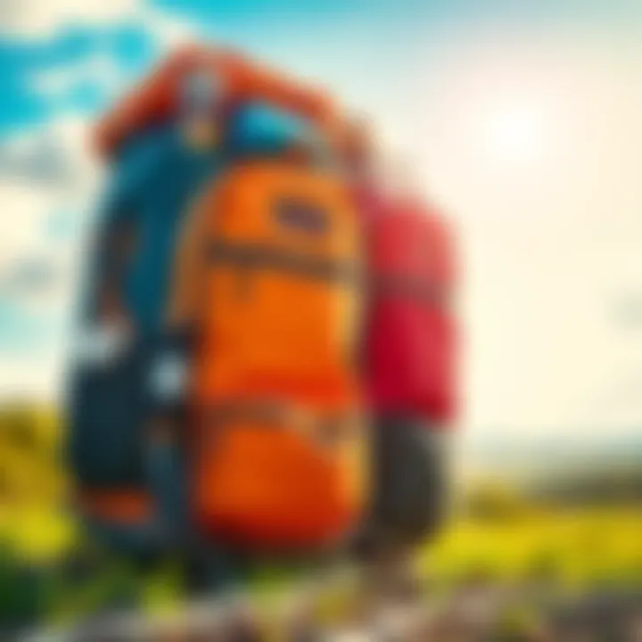 Two backpacks filled with travel essentials, set against a vibrant backdrop of a sunny landscape, symbolizing a week of fun and exploration.