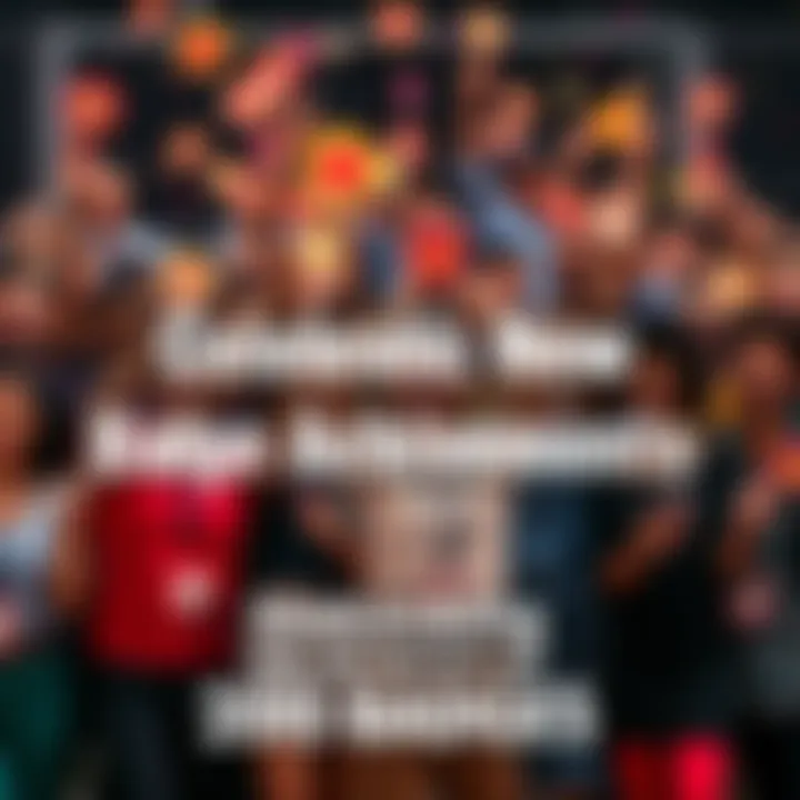 A group of diverse people happily celebrating with badges in hand, representing achievement and community spirit.