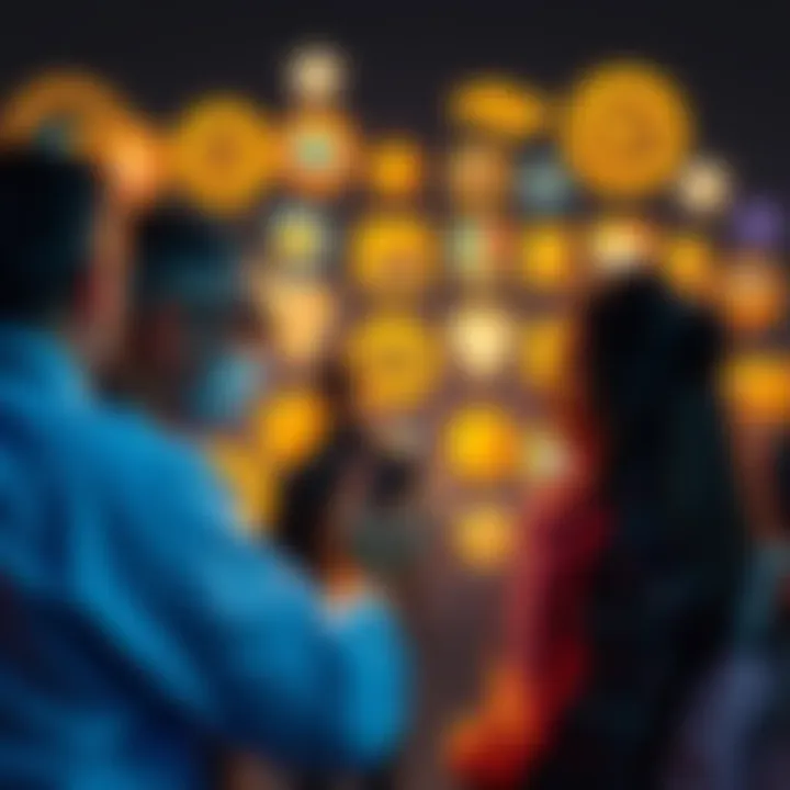 People engaging in a discussion about badges and parcel achievements, with visual elements representing badges and parcels in the background