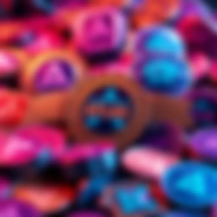 A colorful display of game badges with Atlas Bucks coins in the background, symbolizing rewards in Atlas Earth.