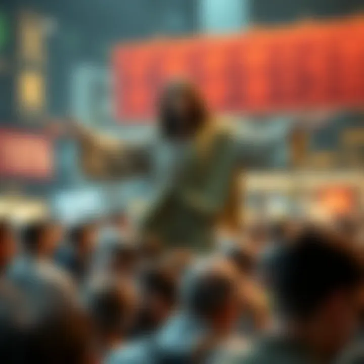 A figure resembling a kind, approachable Christ figure with open arms stands over a crowd of worried traders, symbolizing hope and assistance in their financial struggles.