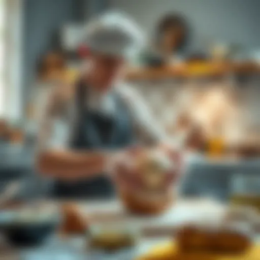 A beginner baker kneading dough in a kitchen, surrounded by ingredients like flour and olive oil, showing their process of making bread.