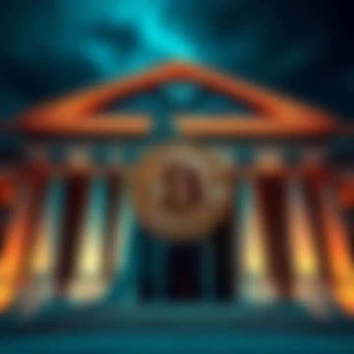 A major U.S. bank symbolically accepting Bitcoin with a digital currency icon in front of a bank building