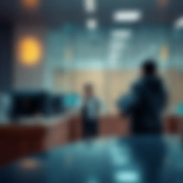 A person stands at a bank counter looking frustrated as the teller refuses to process a cryptocurrency transaction. Currency symbols and digital assets are visible in the background.