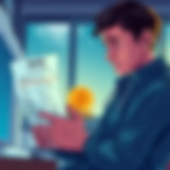 A frustrated person looking at a bank statement with high fees while considering using Bitcoin for transactions