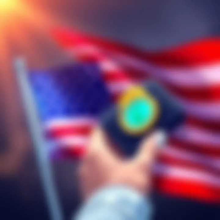 Bank account for offshore crypto funds Illustration of a person holding a US flag and a digital wallet with stablecoins like USDC and USDT, representing offshore crypto funds securing a US bank account.