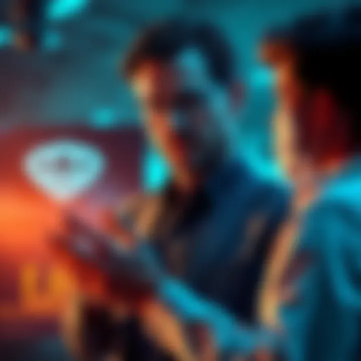 A banking professional discusses cryptocurrency allocation with clients, showcasing a graph with Bitcoin and crypto asset growth.