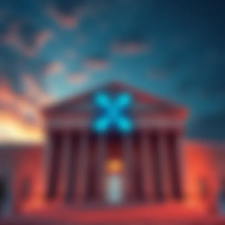 A large bank building with XRP logo prominently displayed, symbolizing investment in cryptocurrency.