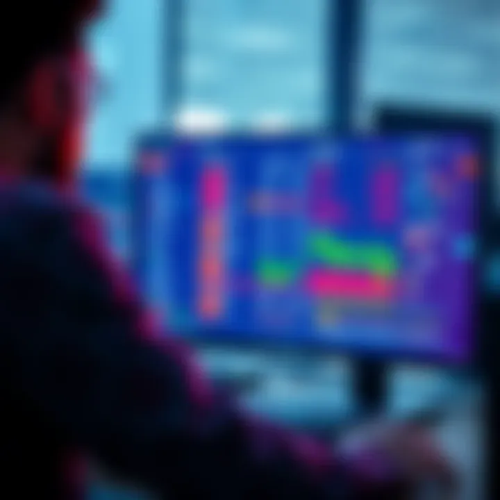 A bank employee reviewing spending data on a computer screen, highlighting transaction patterns and alerts for possible fraud.