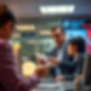 Bank employee discussing a Bitcoin deposit with a concerned investor in an office setting