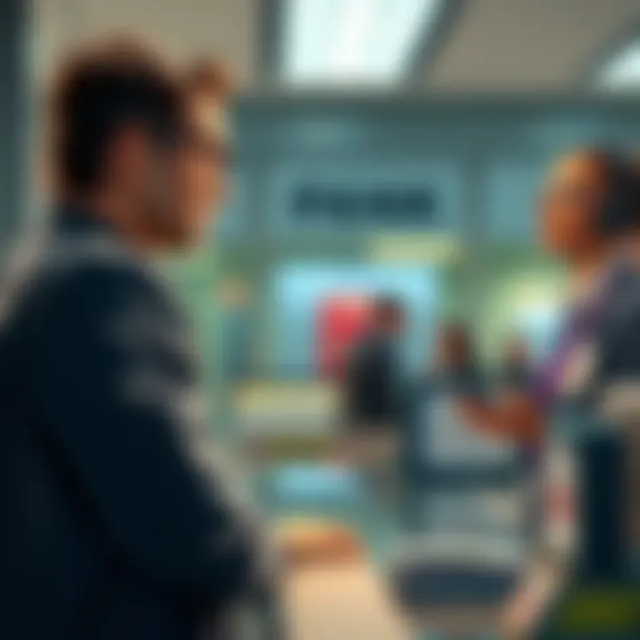 A person at a bank counter looking concerned while discussing a large cash withdrawal with a bank teller.