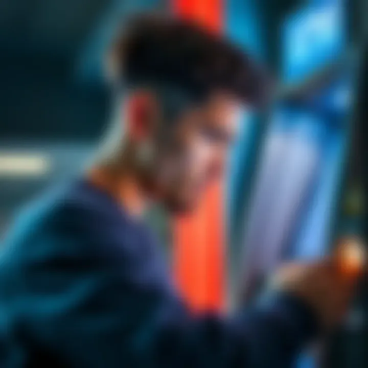 A person looks stressed while using an ATM, showing concern over a cash withdrawal error.