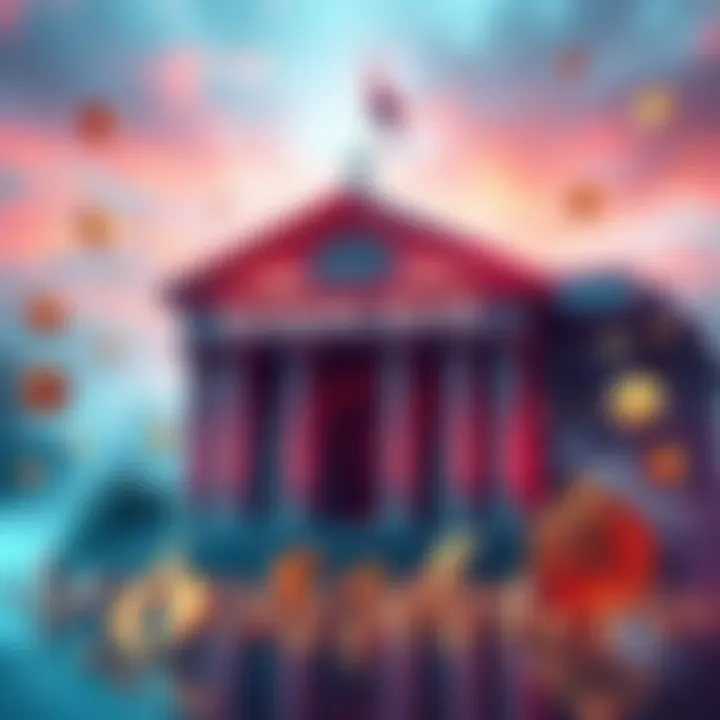 A bank building with digital currency symbols and coins surrounding it, showing the merging of traditional banking and cryptocurrency.
