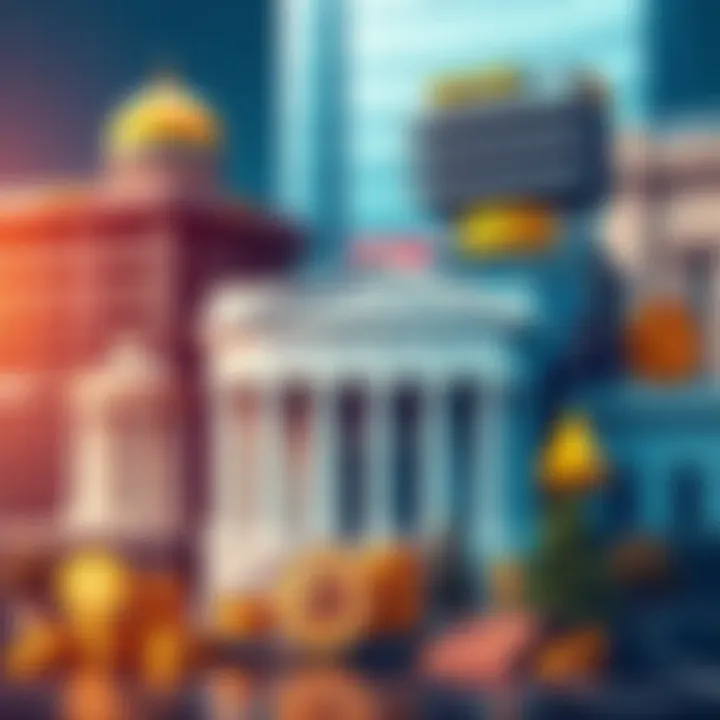 A collage of bank buildings and cryptocurrency symbols, showcasing modern banking solutions that support both fiat and digital currencies.