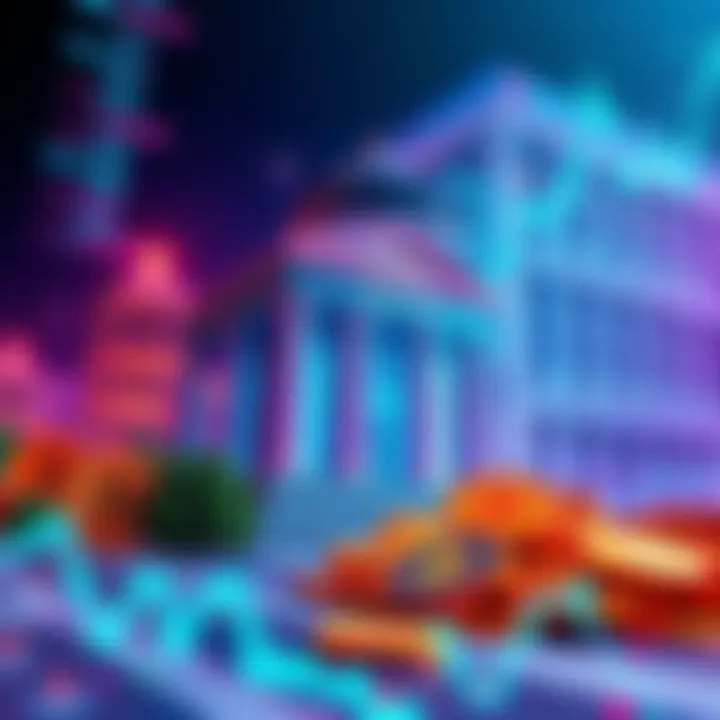 A bank building with cryptocurrency coins and digital graphs surrounding it, symbolizing the integration of crypto and traditional finance.