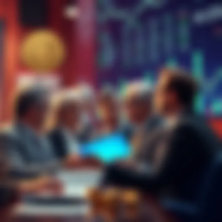 Banks Lobbying for Stablecoin Changes Group of bankers discussing stablecoin yield regulations, with a backdrop of financial charts and documents.