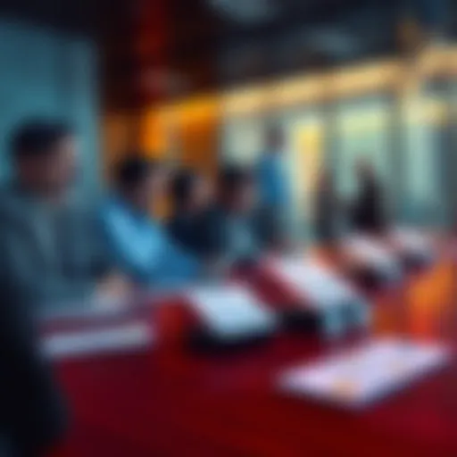 A group of bank representatives sitting at a table looking disinterested as meeting invitations about stablecoins are visible on the table.