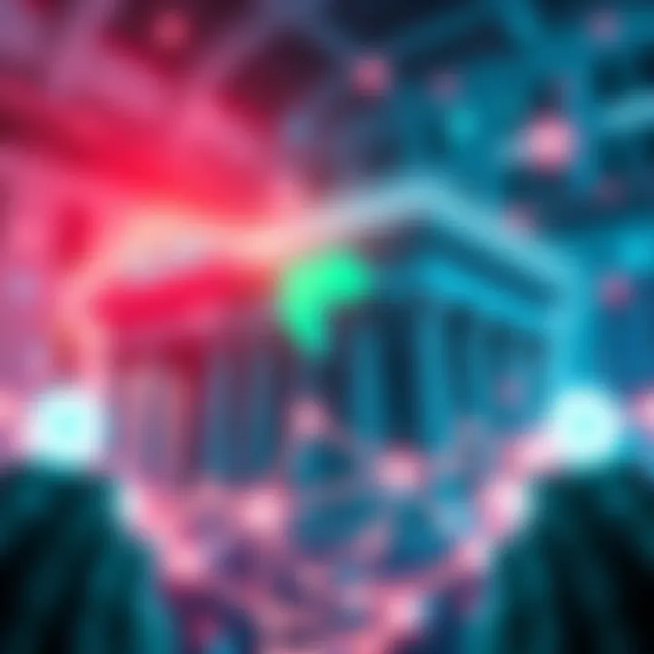 Banks and Fintech Collaboration Representation of banks, Robinhood, and Bitstamp working together on blockchain technology