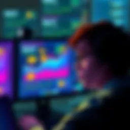 A frustrated person looking at a computer screen displaying decentralized finance graphs with obstacles illustrated around them.
