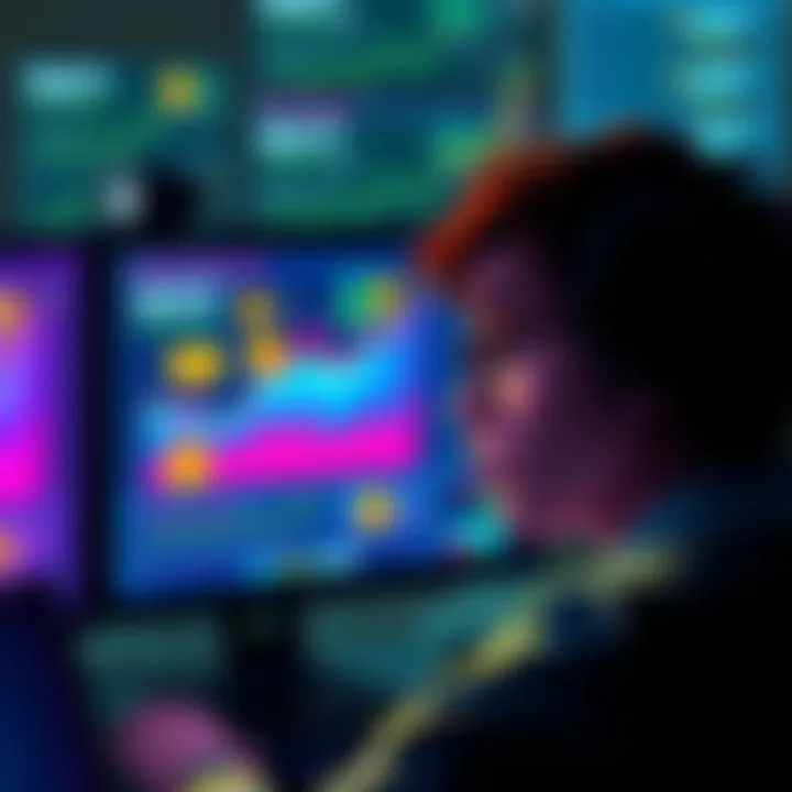 A frustrated person looking at a computer screen displaying decentralized finance graphs with obstacles illustrated around them.