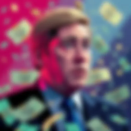 Illustration of Barry Silbert with money symbols and digital assets in the background, representing the racketeering scheme allegations.
