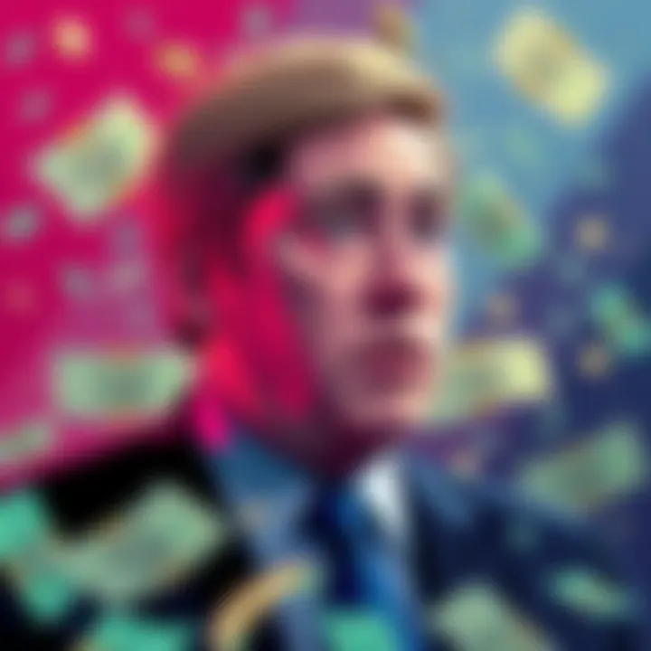 Illustration of Barry Silbert with money symbols and digital assets in the background, representing the racketeering scheme allegations.