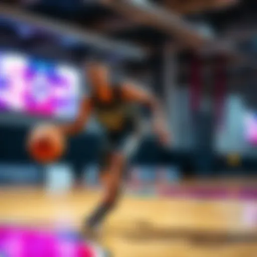 A basketball player dribbling with a colorful dribble stick on the court
