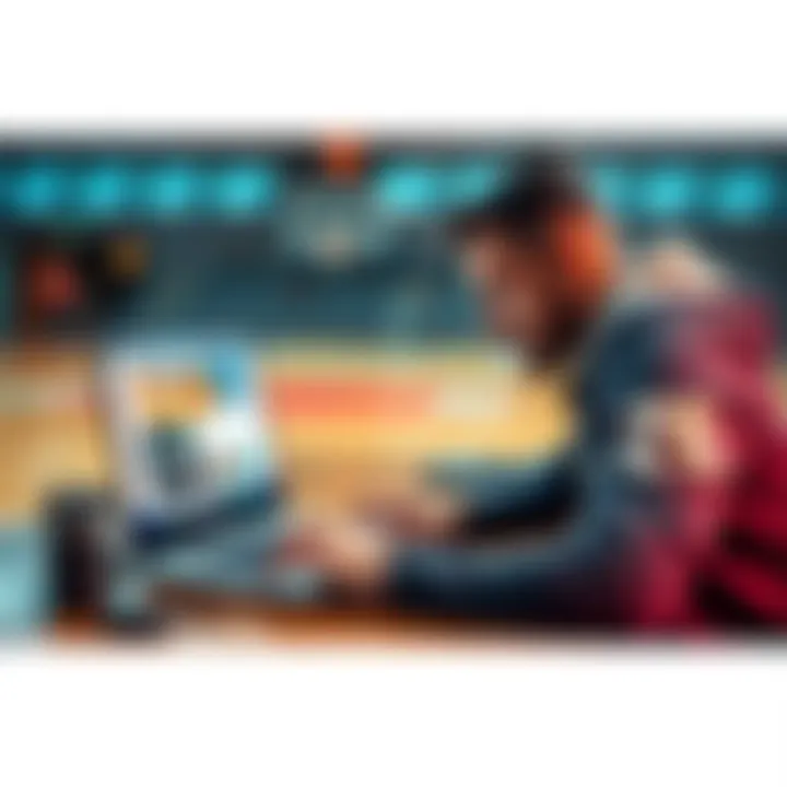 A creative person working on a laptop with basketball graphics on the screen, planning a website for scouting players.