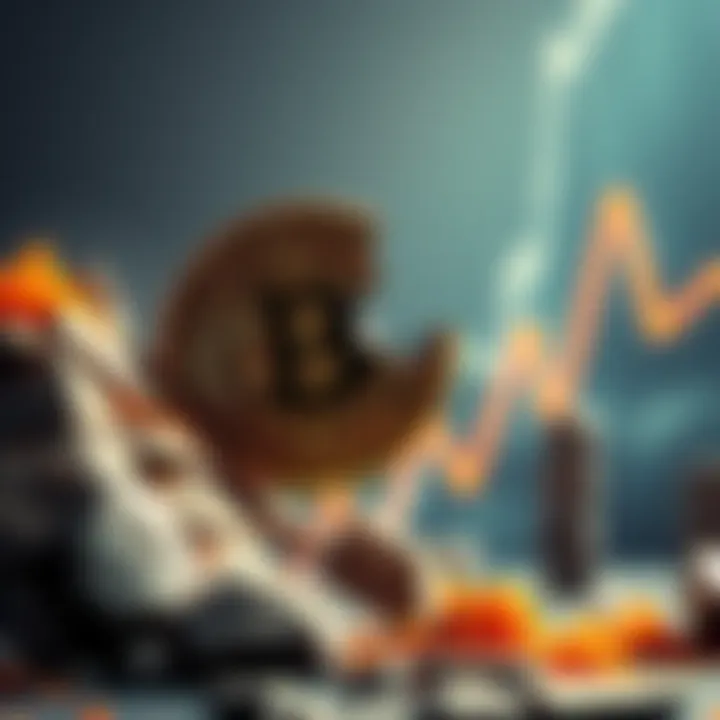 A downward trend graph showing the decline in Bcash value, with a broken coin symbolizing its struggles.