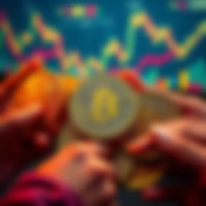 A group of new bCashers confidently holding BCH coins with market charts showing fluctuations in the background