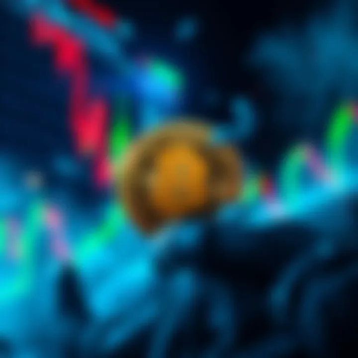 Bitcoin logo surrounded by falling stock charts and a gloomy market atmosphere