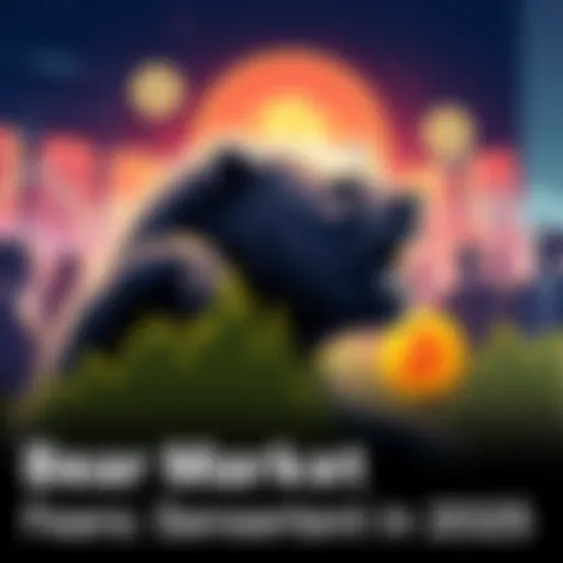 A graph showing a declining trend in cryptocurrency prices, with worried people discussing Bitcoin in the background.