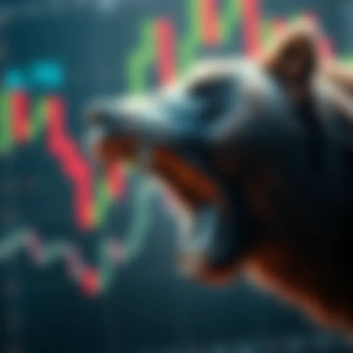 A bear claw symbolizing a downward market trend with candlestick graphs in the background