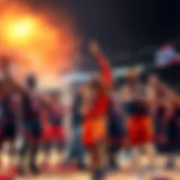 Bears team members celebrate after a big win against the Bulls, showing excitement and team spirit on the court.