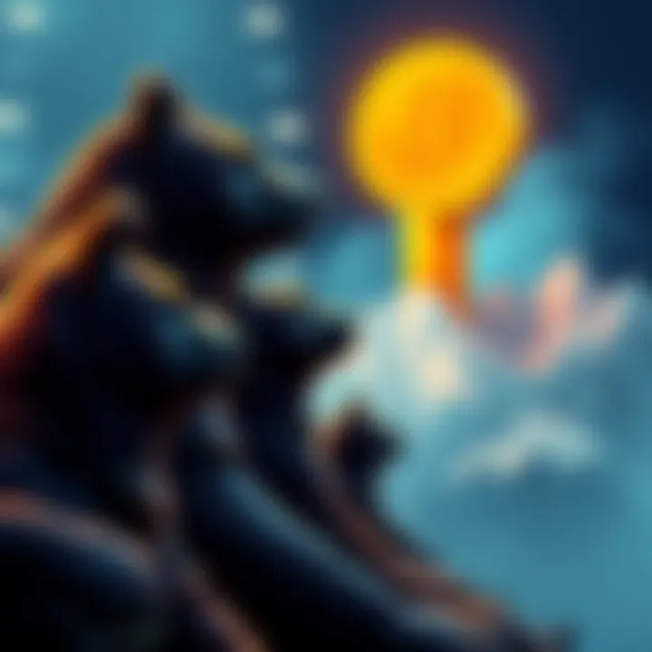 A group of bear figures looking at a rising Bitcoin symbol, representing market anticipation