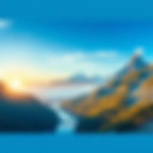 A vibrant view of natural landscapes showcasing mountains, forests, and rivers under a blue sky.