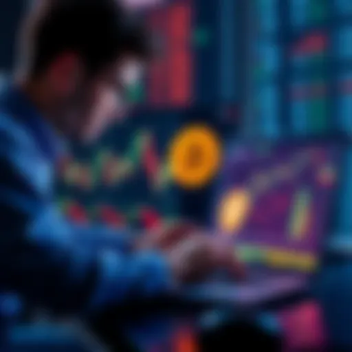 A beginner looking at cryptocurrency charts on a laptop, with Bitcoin and Solana logos visible on the screen, surrounded by market data