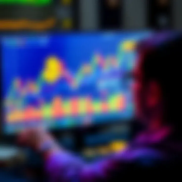 A person looking at a Bitcoin chart on a computer screen, contemplating investment options. Money and Bitcoin symbols are nearby.