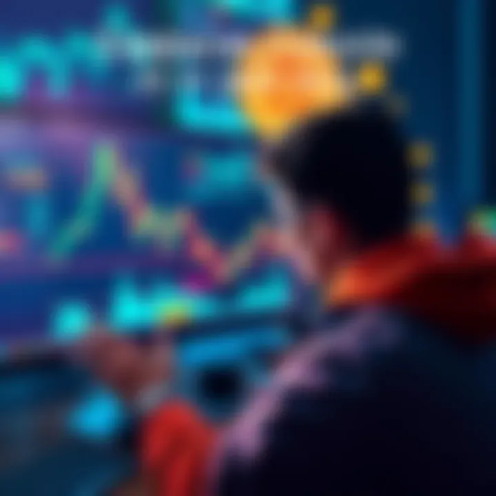 A person looking at a computer screen with cryptocurrency charts and graphs, surrounded by digital currency symbols.
