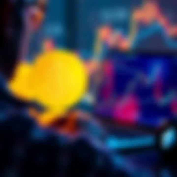 A person analyzing cryptocurrency charts on a laptop with Bitcoin and Ethereum logos in the background