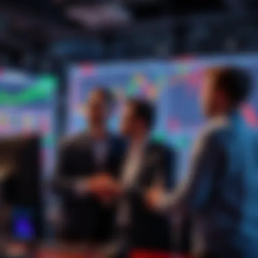 A group of new traders discussing options on a trading platform, looking at a computer screen with charts and graphs.