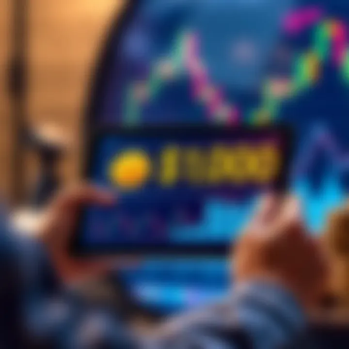 Beginner's Crypto Portfolio A beginner holding a tablet showing cryptocurrency charts with coins in the background, symbolizing a $1,000 portfolio allocation.