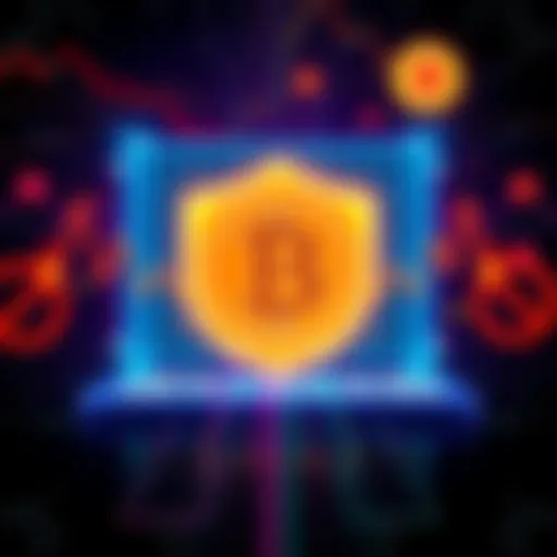 Illustration of a digital firewall with Bitcoin symbols and graphs, depicting market volatility and trading restrictions