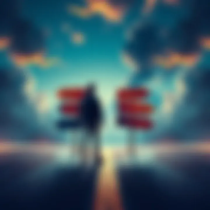 A person standing at a crossroads, contemplating decisions with signs pointing in different directions, symbolizing the impact of belief on choices.