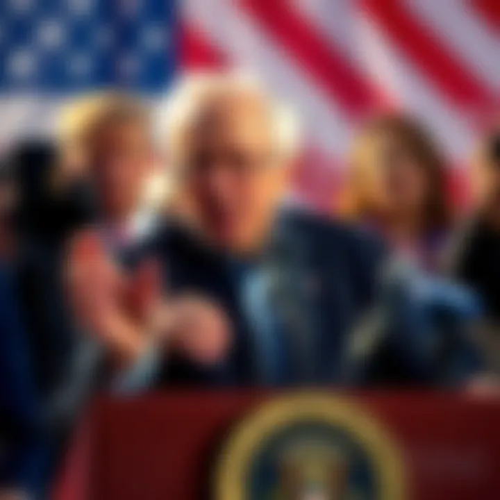 Senator Bernie Sanders speaks at a podium, addressing the media about his claims regarding the Trump family's cryptocurrency profits.