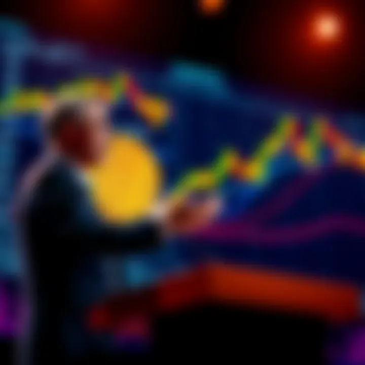 A man speaking at a podium with a Bitcoin symbol and financial charts in the background, representing the debate over government bailouts in the crypto industry.