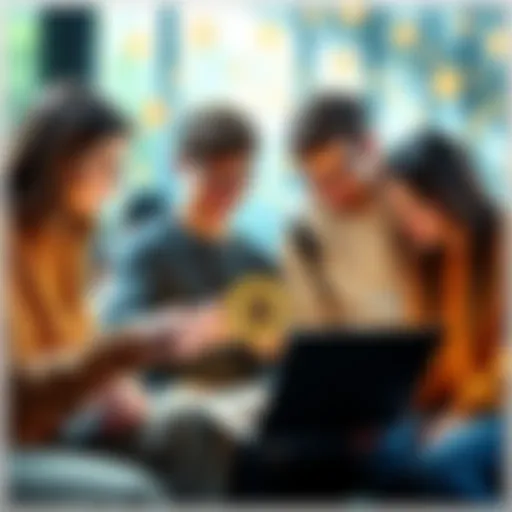 A group of college students reviewing Bitcoin wallet options on a laptop, with some digital currency symbols in the background.