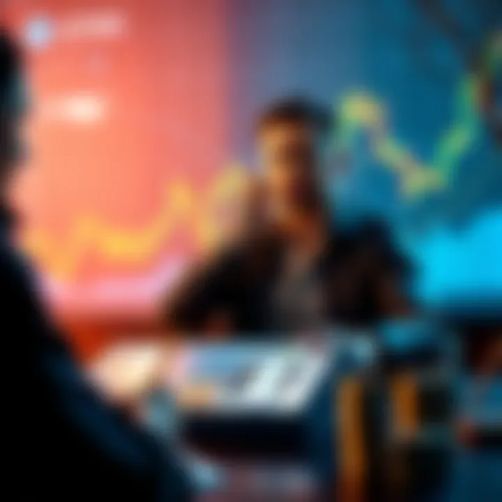 A person placing a $5,000 bet on a Bitcoin price prediction with a friend, graph showing Bitcoin's price in the background.